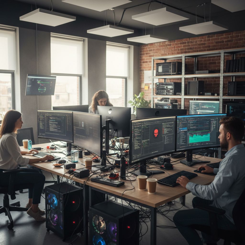 Laboratorio de seguridad con múltiples monitores